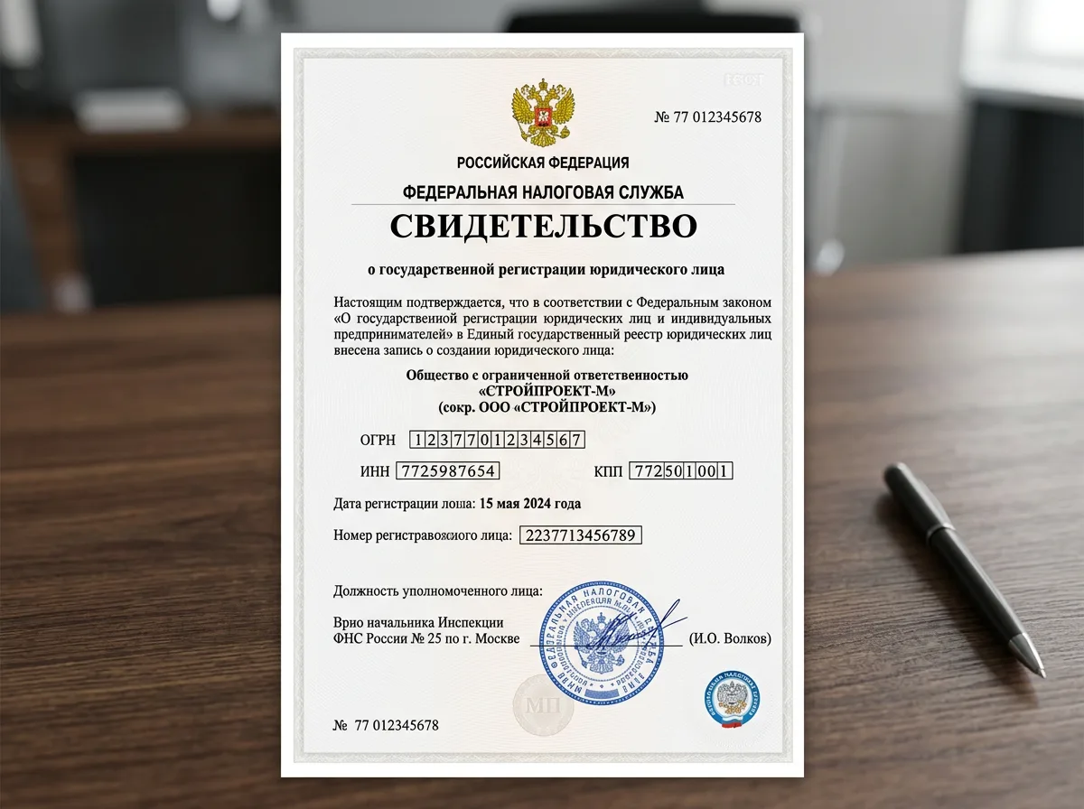 Свидетельство о государственной регистрации ООО юридического лица, официальный документ ФНС России, белый бланк