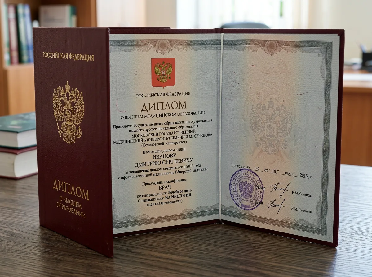Диплом о высшем медицинском образовании врача нарколога, документ с гербом России, тёмно-красная обложка