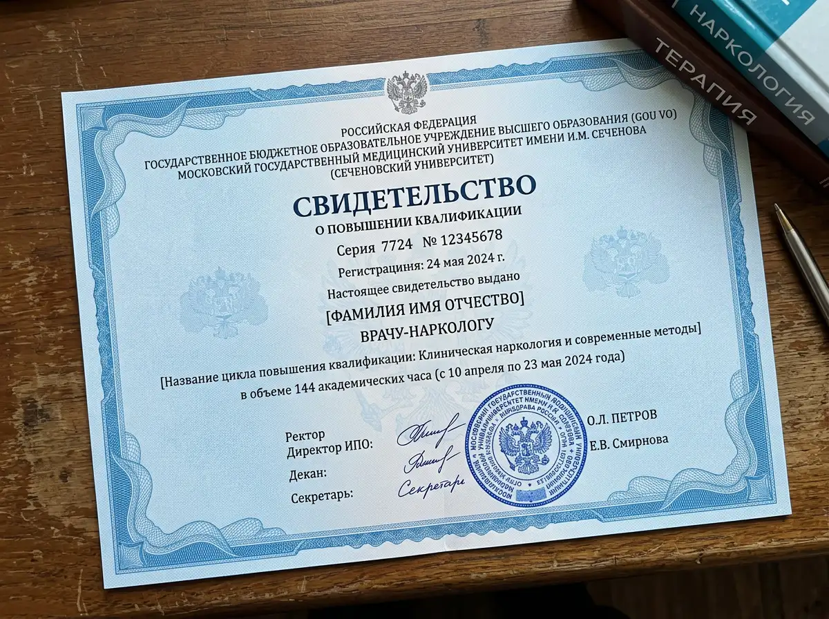 Свидетельство о повышении квалификации врача нарколога, медицинский сертификат, синий бланк с печатью учебного центра